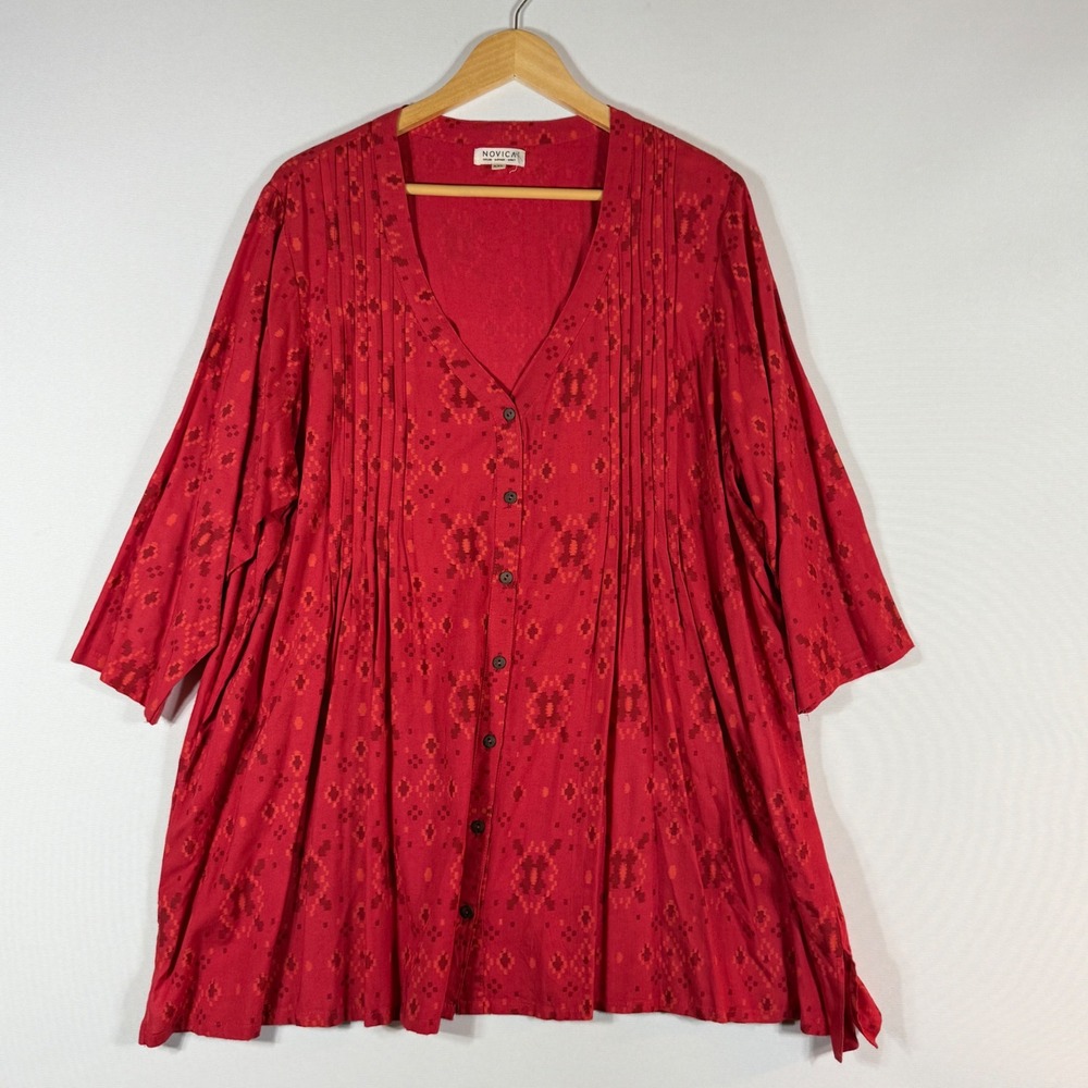 Novica XXL Tunic Red Womens Pintuck Pleated Ikat Top Boho Ethnic Artisan Artsy
